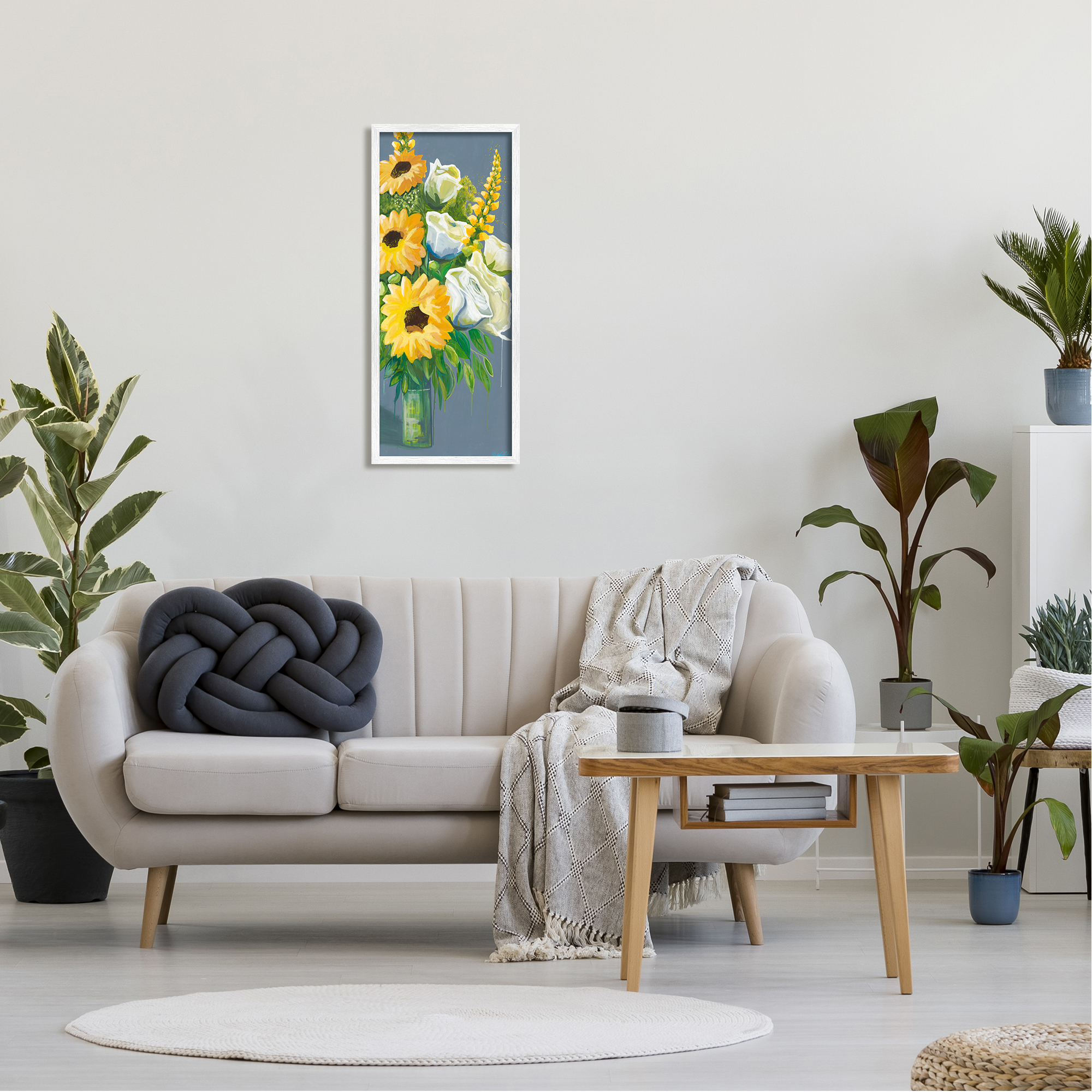 Stupell Industries Sunflowers & White Roses Botanical & Floral Painting White Framed Art Print Wall Art, 13 x 30