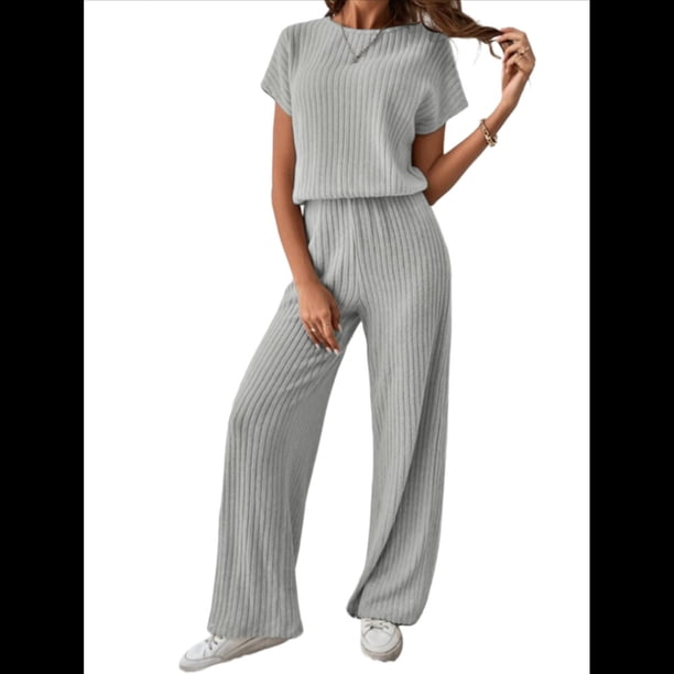 Traje Informal de Dos Piezas para Mujer, para Viajes y Vacaciones de Verano, con Corta y Pantalones Anchos. Gris XXL