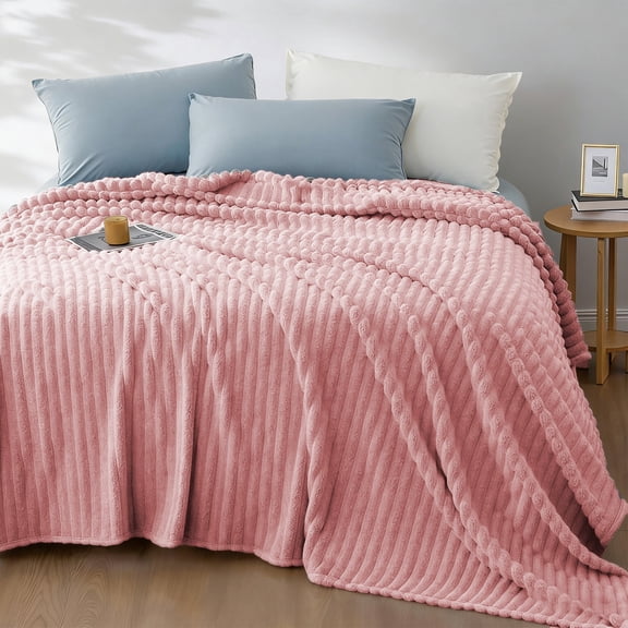 ROSEKIND Striped Blanket, Premium Faux Fur Touch Ribbed Throw for Sofa & Bed, Cozy Gift for Adults & Friends, 280GMS, 80x90in, Pink