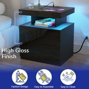 Hommpa LED Nightstand with Wireless Charging Station Modern Nightstand Type C USB Port 2 Drawers Bedside Table Black Smart Night Table High Gloss End Side Table for Bedroom Furniture 22.3 Tall