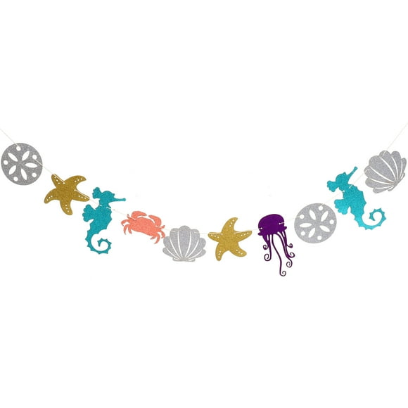 Hawaiian Luau Garland Seahorse Jellyfish Seashell Crab Sea Star Glitter Banner for Summer Pool Birthday Party Decoration