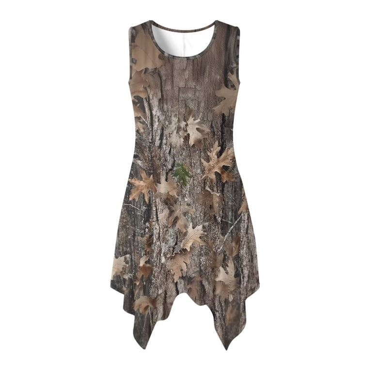 Fuialdolg Women's Camouflage Dress Green Deer Hunting Camouflage Dresses for Women Round Neck Ruffle Hem Midi Dress Summer Sleeveless Sundress Lady