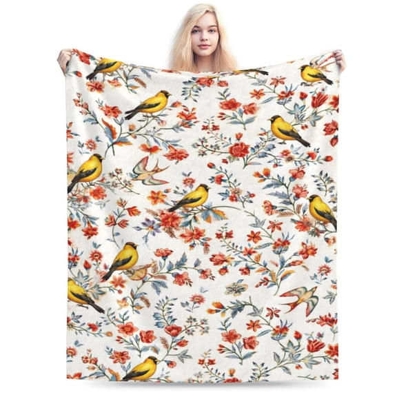 Vintage Yellow Bird Floral Throw Blanket, Soft Cozy Decorative Blanket for Sofa Couch Bed, Elegant Nature-Inspired Home Decor 50x40