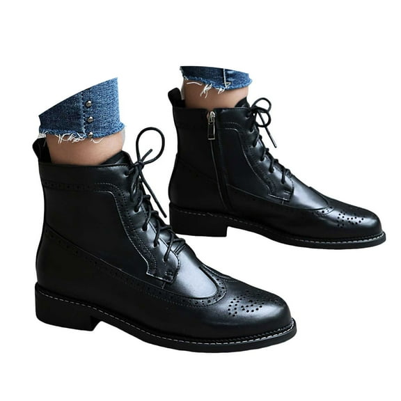 Chenyee Combat Ankle Boots for Women Steel Toe Lace-up Flat Lug Sole Zipper Leather Short Booties