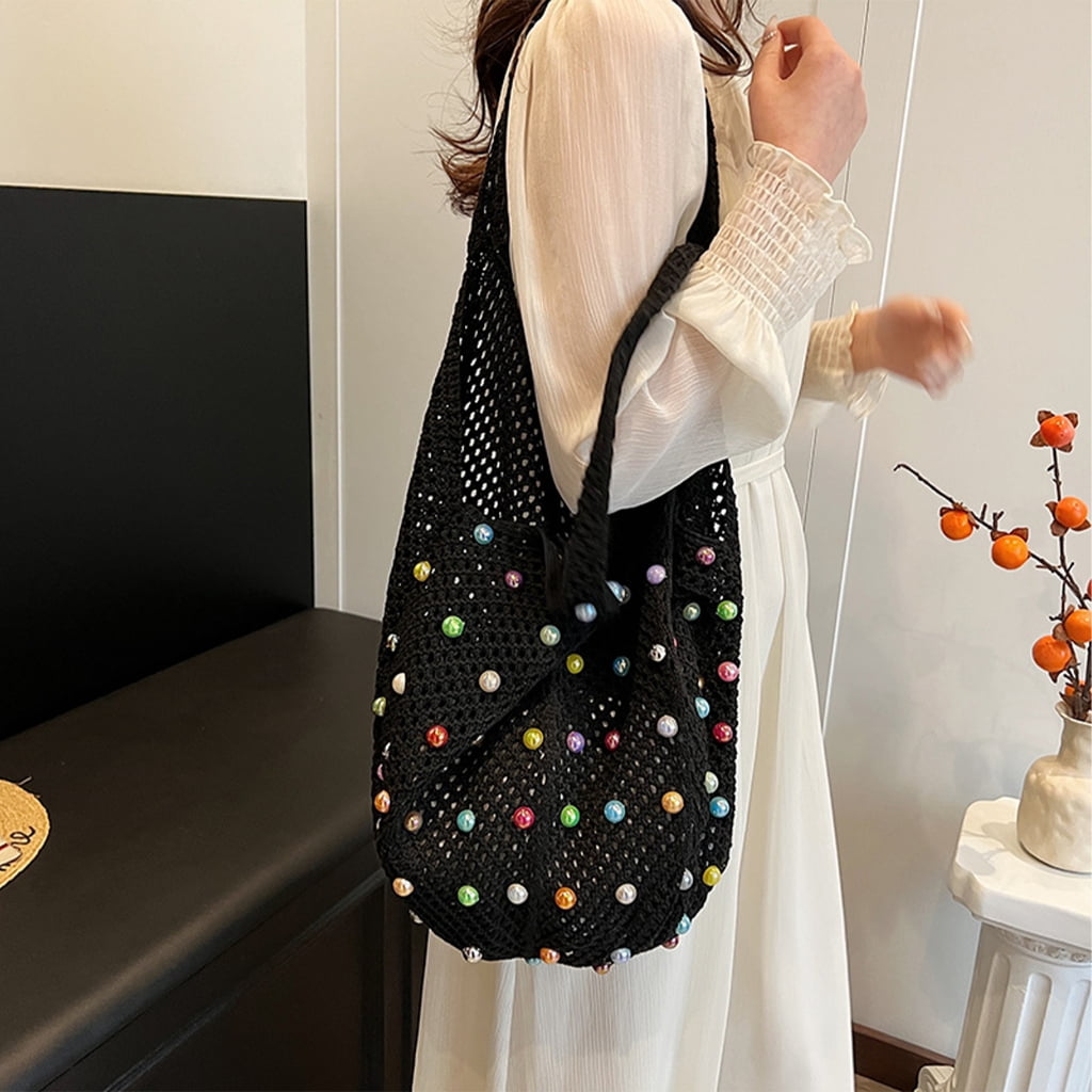 Aurgiarme Women's Crochet Beach Bag Knit Shoulder Bag with Beads Decoration Large Capacity Underarm Handbag for Outdoor