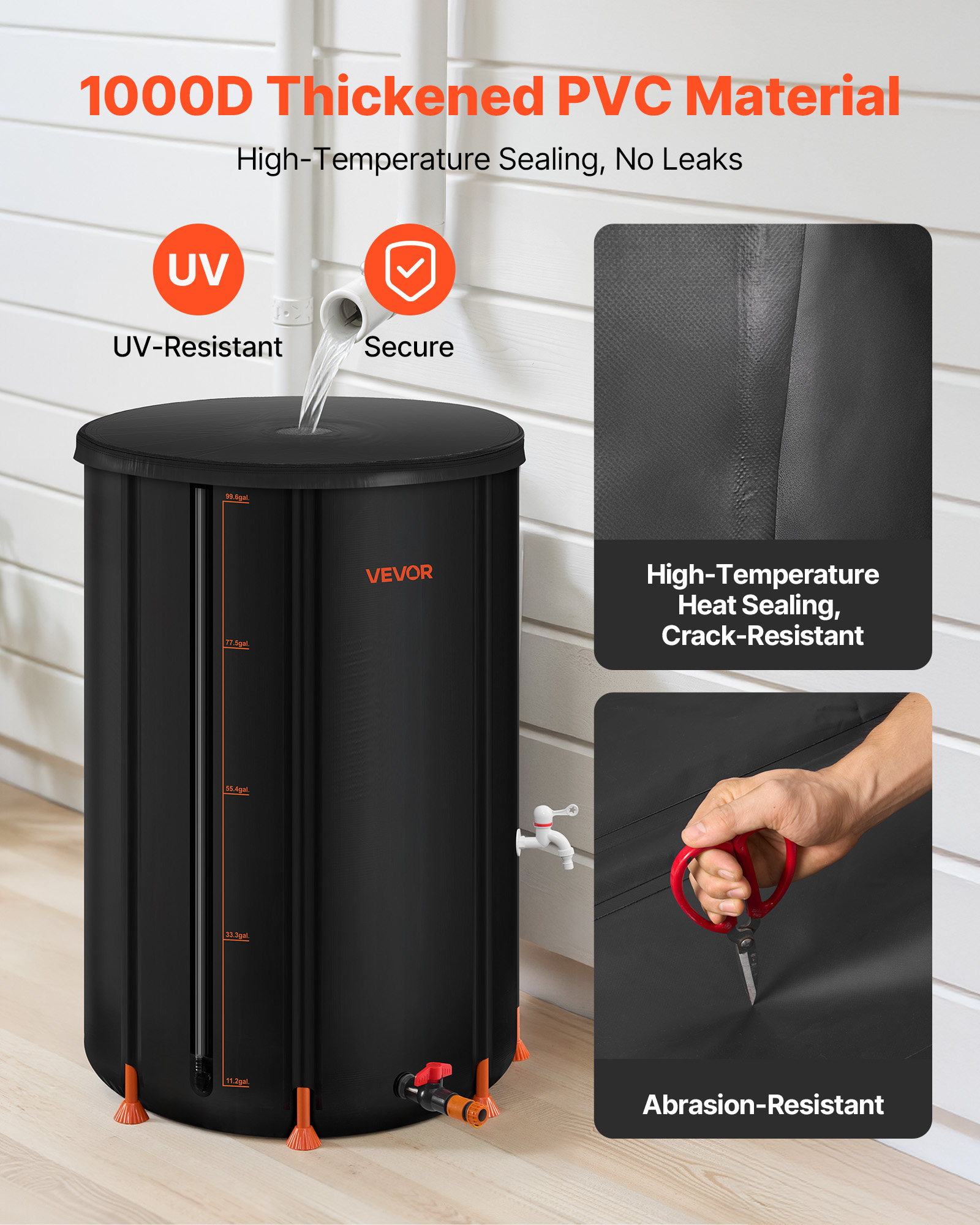 VEVOR Collapsible Rain Barrel, 100 Gallon Portable Rain Water Collection Barrel, 1000D PVC Rainwater Collection System, Garden Water Catcher Tank Storage Container with Spigot & Overflow Kit, Black