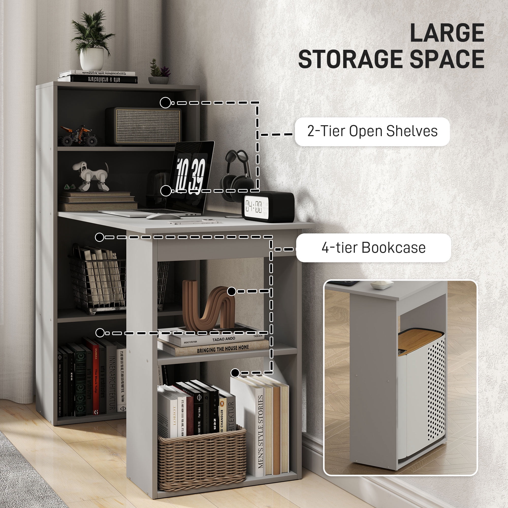 HOMCOM Modern Compact Computer Desk with 6-Tier Storage Shelves, Writing Table Workstation with Bookshelf for Home Office, Gray