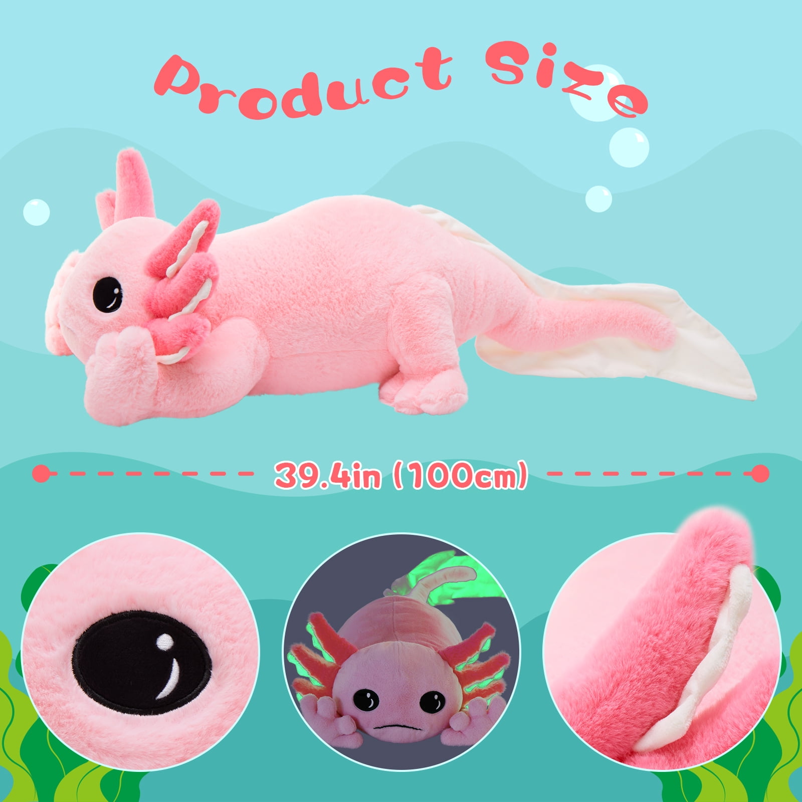 MaoGoLan 39.5" Giant Axolotl Stuffed Animal Pink Pillow Axolotl Plush Toy Glow in The Dark