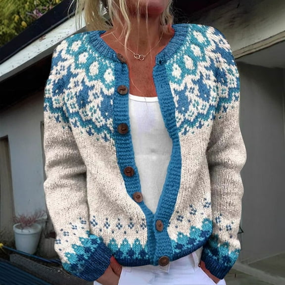 GUZOM Sweaters Womens Warm Acrylic Knit Cardigan - Vintage Fair Isle White, Plus Size S-5XL, Cozy Layering for Fall Winter, Casual with Wooden Buttons,Size S