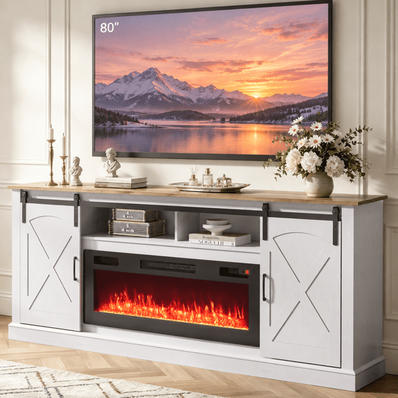 Ktaxon 70" Farmhouse TV Stand with 36" Fireplace Heater, Mid-Century Wood Entertainment Center with Electric Fireplace Mantel for up to 80" TVs, White & Brown