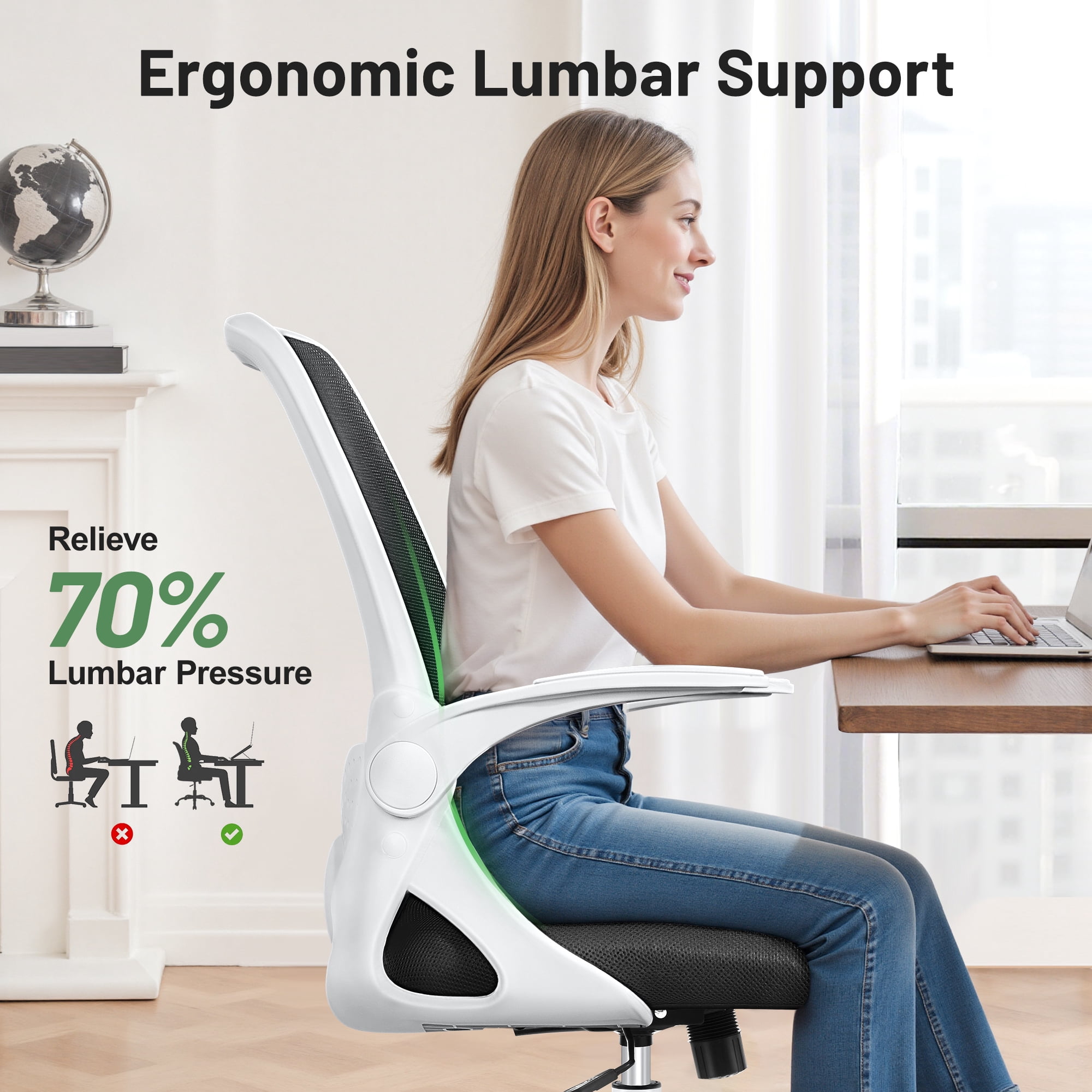 ATHOPE Office Chair, Ergonomic Desk Chair with Lumbar Support Adjustable Height Swivel Wheels Flip-up Arms Mesh Computer Gaming Chair for Home Office, White