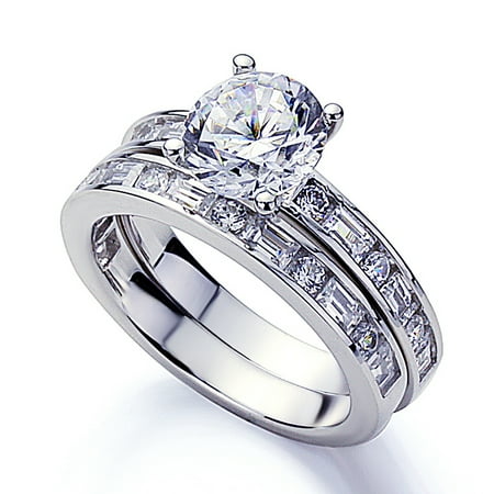 Platinum Baguette Mounting Men Women Platinum Plated Sterling Silver 2ct Round CZ Baguette Accent Wedding Bridal Set ( Size 5 to 9 ) ()