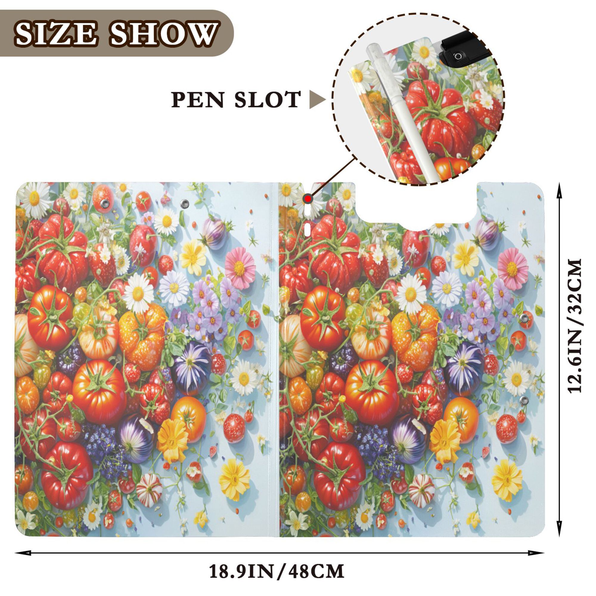 FORMRS A4 Clipboard Folder with Pen Holder Horizontal Foldable School Office Binder, Purple Floral Tomatoes