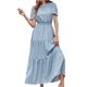 thumbnail image 4 of Txlixc Vestido largo para mujer, cuello redondo, manga corta, cintura elástica, estampado floral, estilo bohemio, vestidos casuales Txlixc  Estilo de ocio, 4 of 6