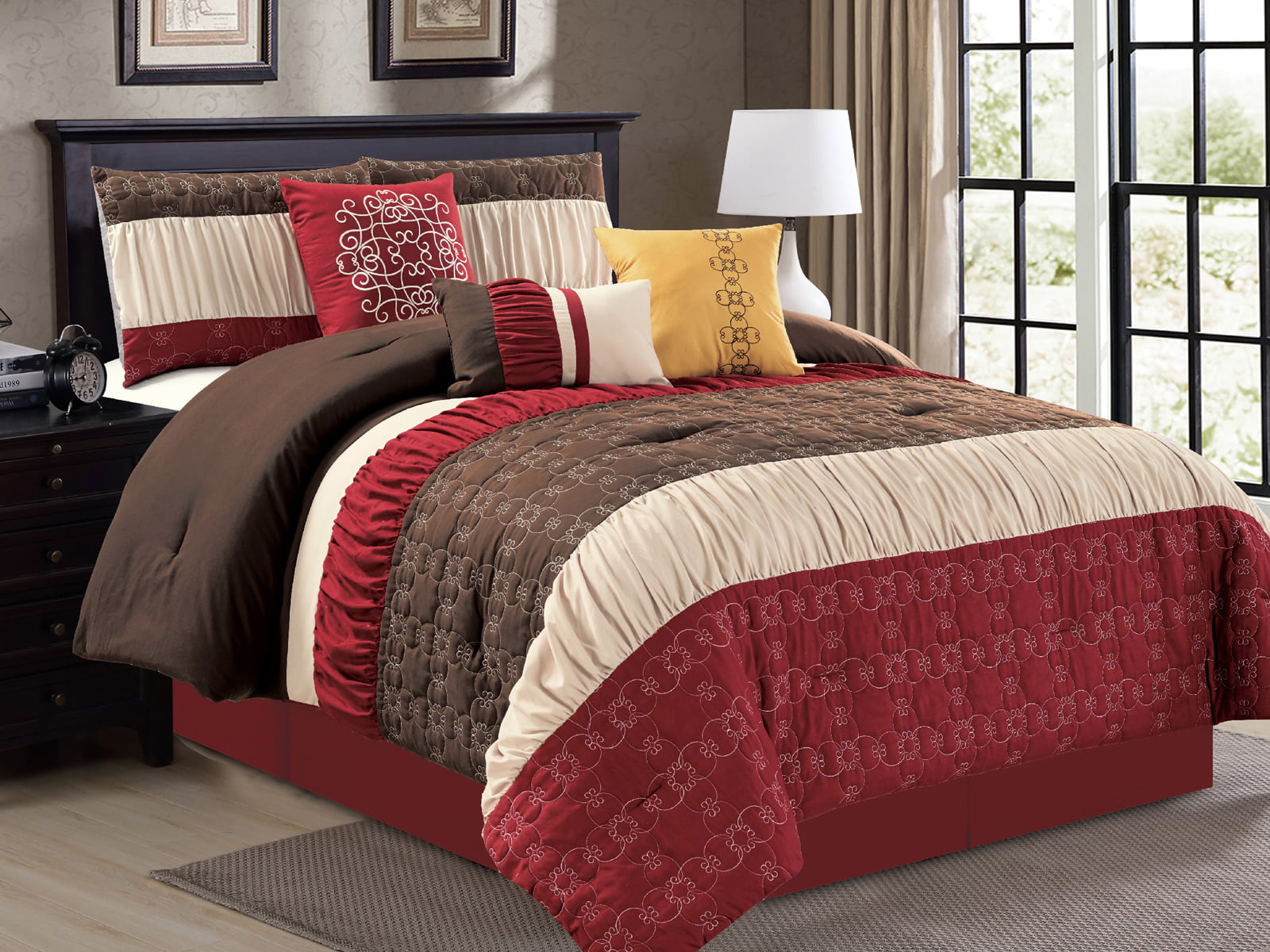 7-Pc Quilted Floral Damask Scroll Ruffled Comforter Set Burgundy Brown ...