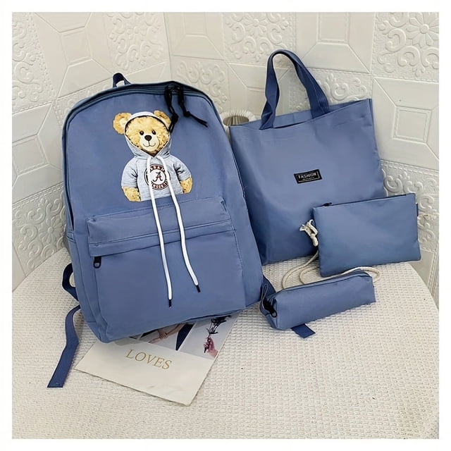 4pcs Student Backpack With Handbag Crossbody Bag And Pen Bag Set, Cute Bear Pattern Backpack, Large-capacity Travel Backpack Fashion Casual Backpack