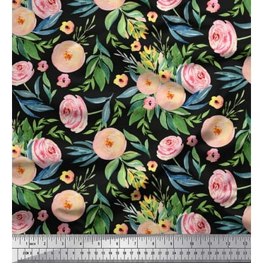 Soimoi Black Cotton Duck Fabric Leaves & Ranunculus Floral Fabric Prints By Yard 42 Inch Wide