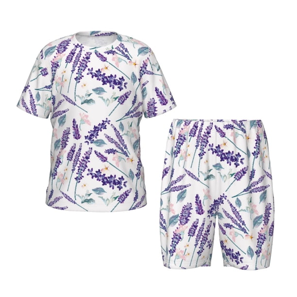 Balery Lavender Flowers Conjunto de Pijama Infantil de Manga Corta con Estampado – Ropa de Dormir de Algodón Suave-4X-Large