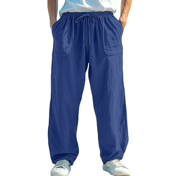 Bosfbaoi Men Casual Pants Big and Tall Elastic Waist Drawstring Pants Loose Fit Wide Leg Straight Trouser with Pockets