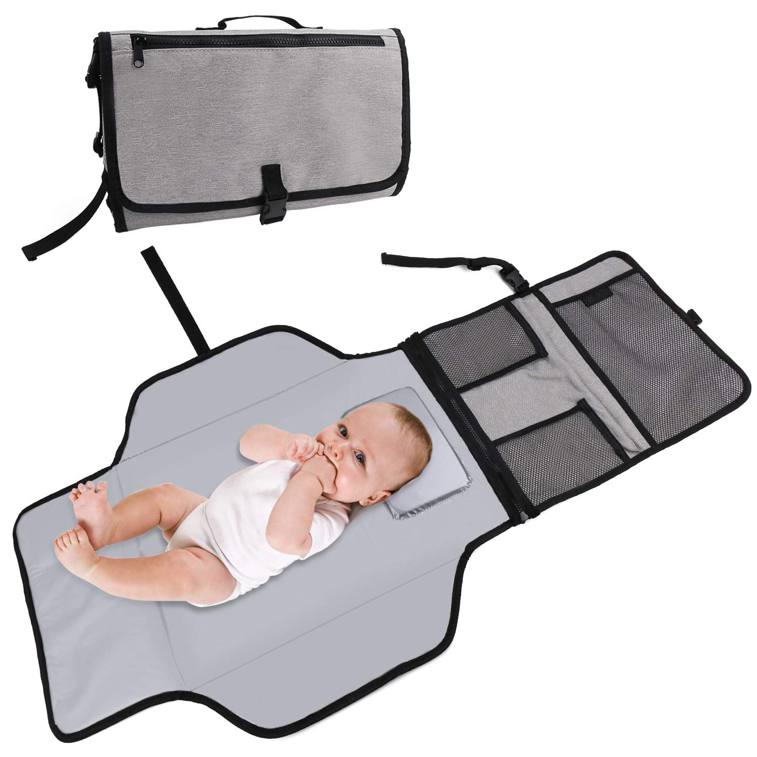 Bermunavy Baby Changing Pad,Portable Diaper Changing Pad Build-in Head Cushion & Zippered Pockets Waterproof Foldable Baby Travel Changing Mat Station for Toddlers Infants and Newborns