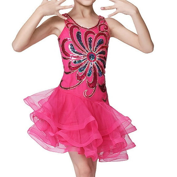 NAISIBABY Jazz Latin Dress for Girls, Tassels Sequined Suspenders Dance Bodysuit Mesh Kids Gymnastic Leotards Dress Hot Pink 4-5T