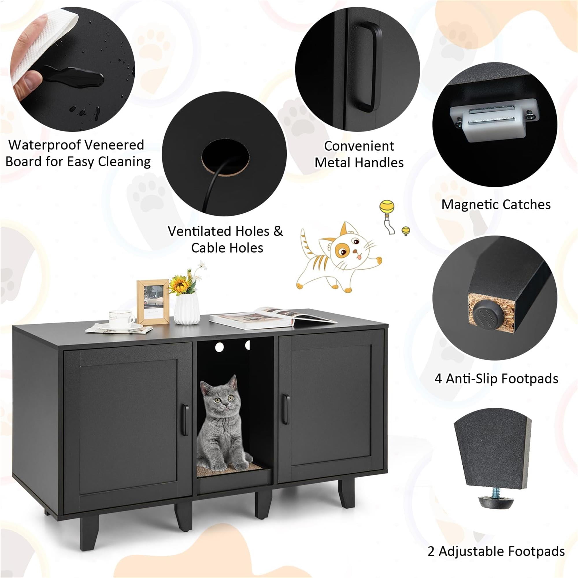 Kadyn 47" Litter Box Enclosure for 2 Litter Boxes, Hidden Cat Washroom with 2 Cabinet House, Scratching Board, Indoor Cat Litter Furniture, Black