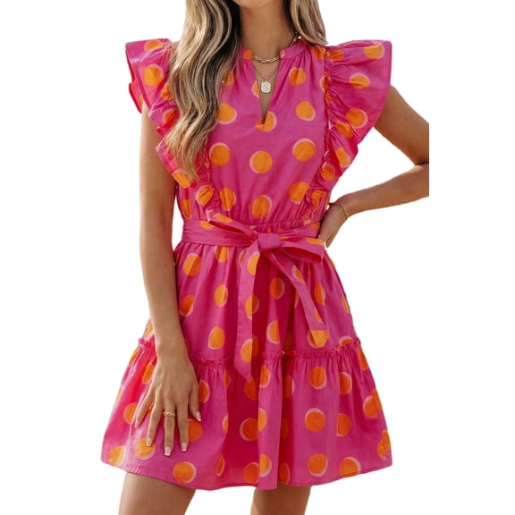 ZhiHiMeRi Casual Rose Polka Dot Women's Shift Dress – Exaggerated Ruffle Short Sleeve for Daily Summer Wear XL