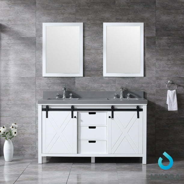 White Double Vanity Grey Quartz, 60 Vanity Mirror Size