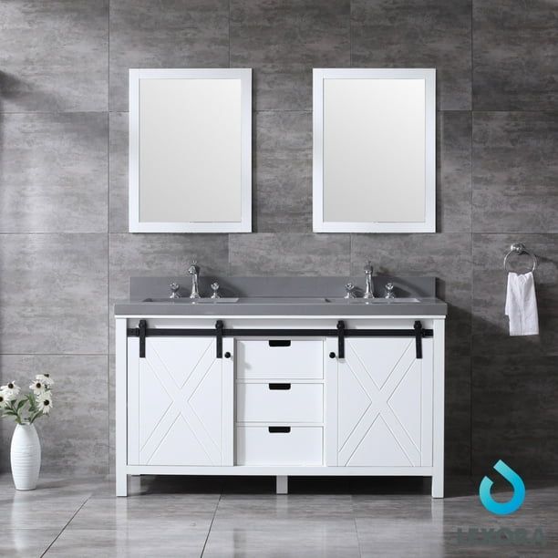 Marsyas 60 White Double Vanity Grey Quartz Top Square Sinks And 24 Mirrors Com White Double Vanity Grey Quartz, What Size Mirrors For 60 Double Vanity
