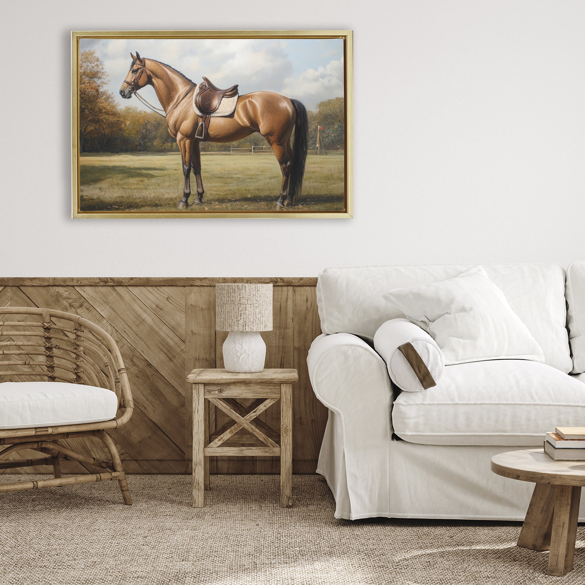 Stupell Industries Show Ready Horse with Saddle Gold Framed Floater Canvas Wall Art, design by Petal Prints Design