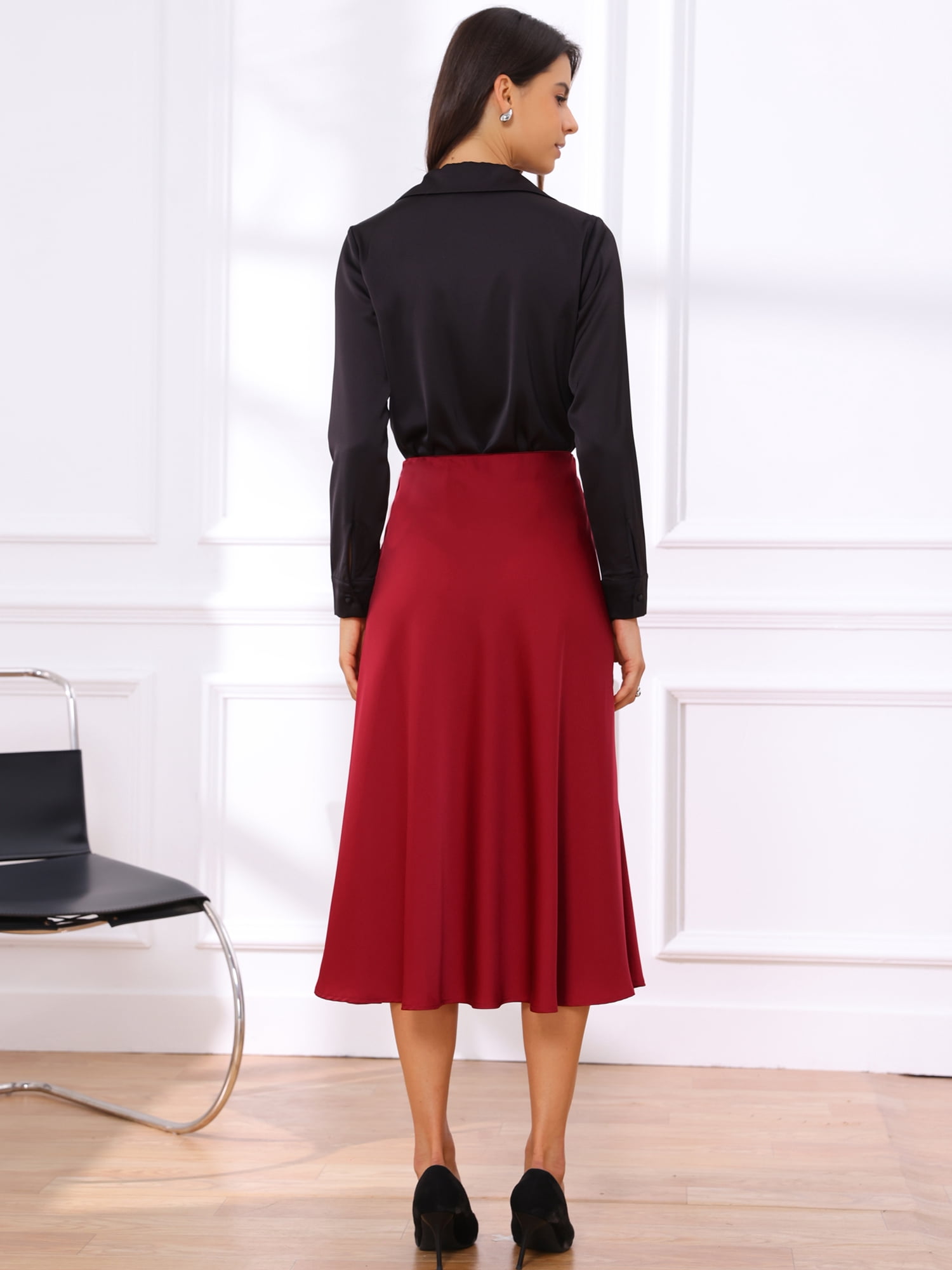 DARING DIVA Women's High Waist Satin Flared A Line Midi Skirts XS Red