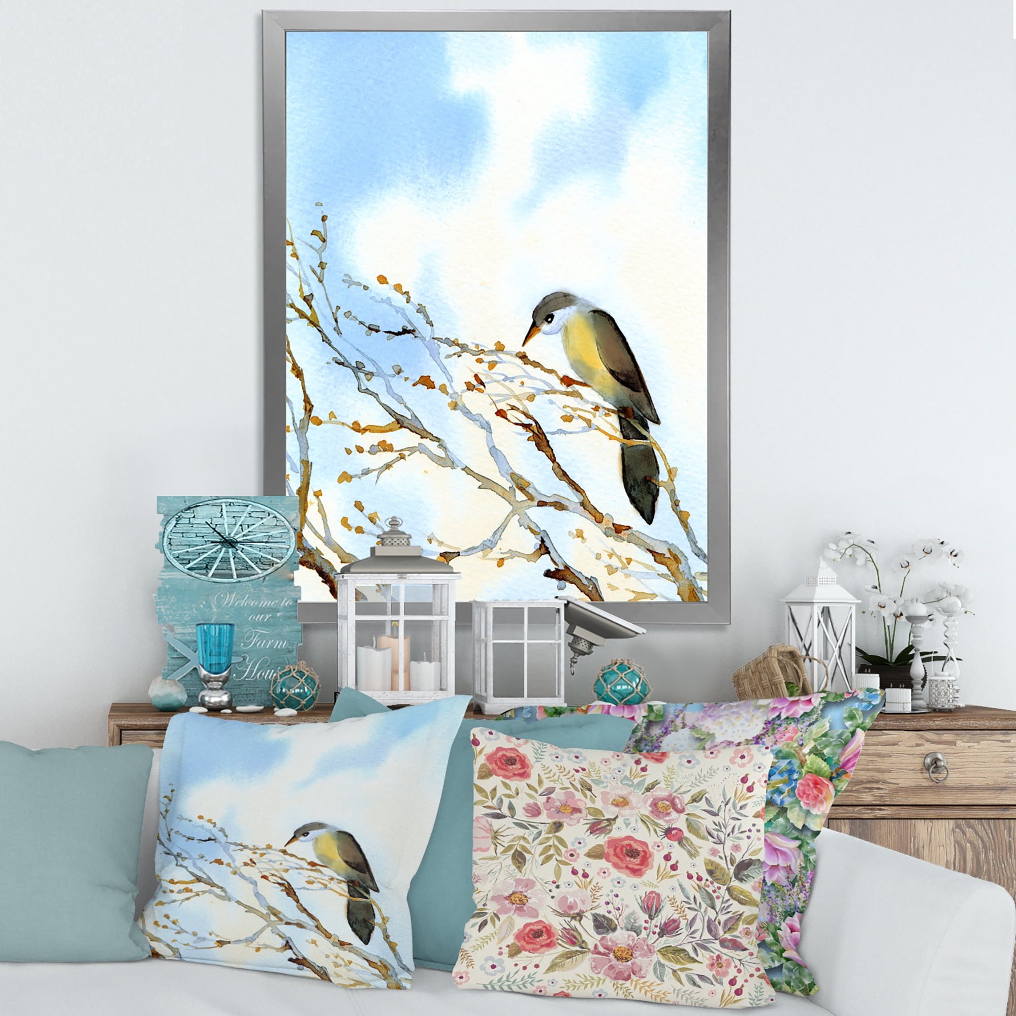 Designart 'Old Bird Sitting On Tree' Traditional Framed Art Print