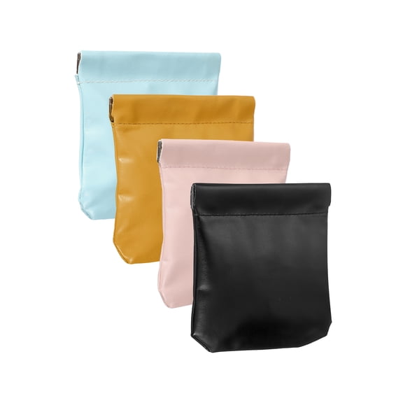 Uxcell 4Pcs Squeeze Coin Purse Pouch, Small Leather Change Purse Self Closing Portable Mini Makeup Bag for Women Men, Black, Blue, Pink, Yellow