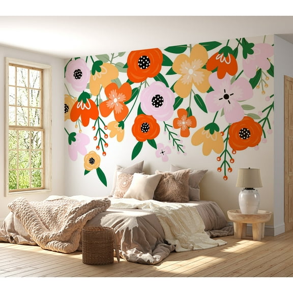 Floral Wallpaper Wall Mural - Orange Abstract Bloom