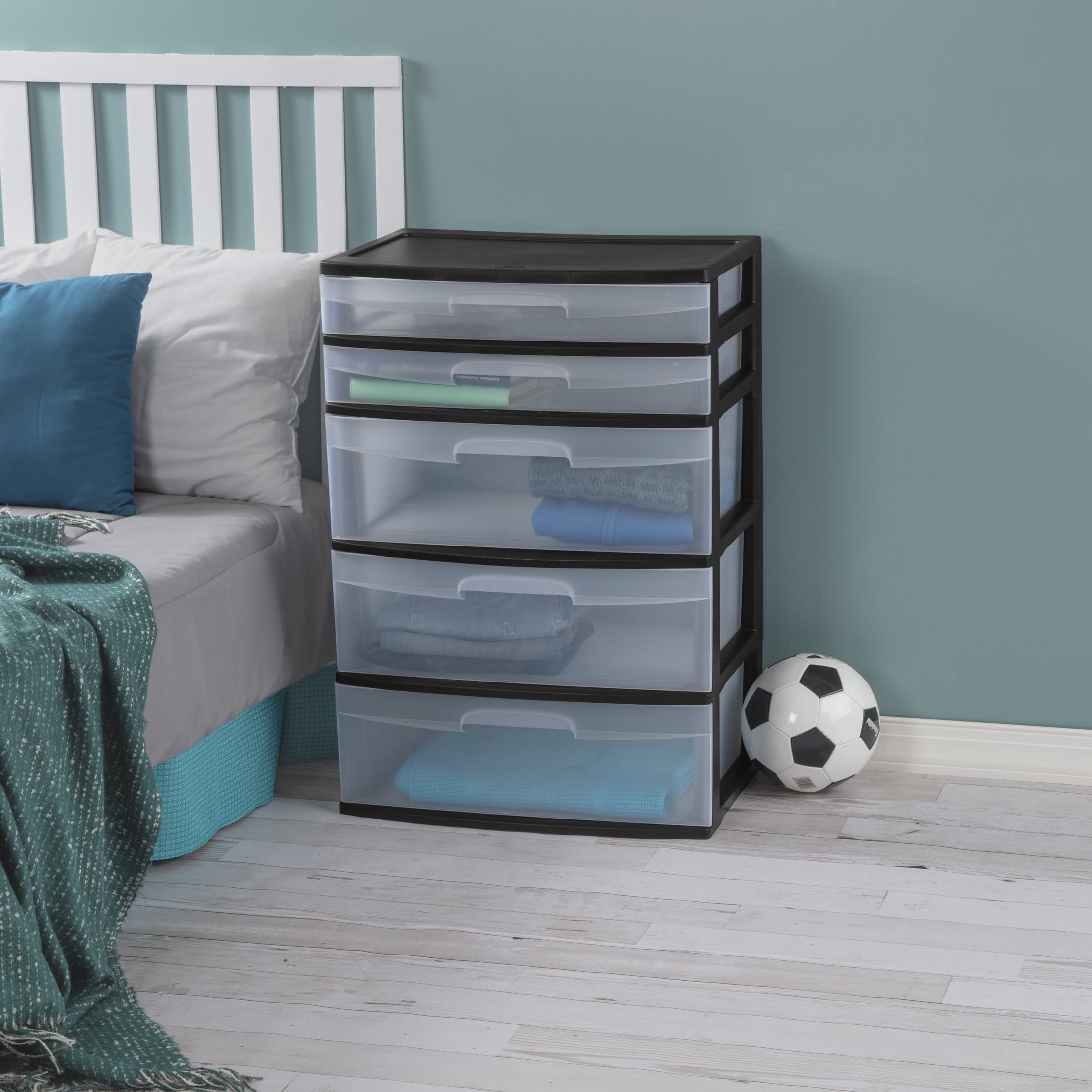 Sterilite 5 Drawer Wide Tower, with both Shallow and Deep Clear Plastic Drawers, Black