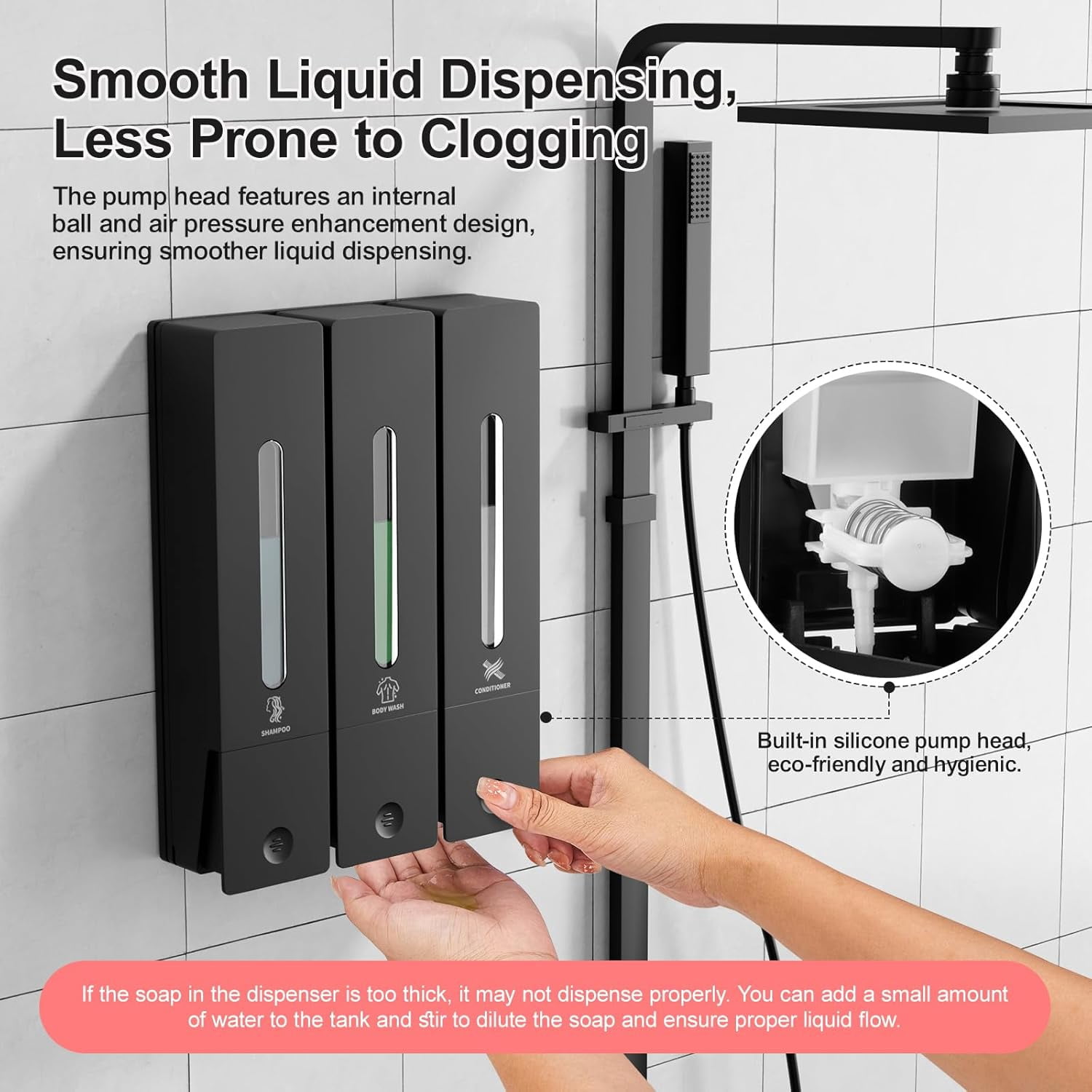 Shampoo and Conditioner Dispenser - Wall-Mounted 3-Chamber Shower Soap Dispenser, No-Drill, 1200ML Capacity, for Bathroom & Hotel