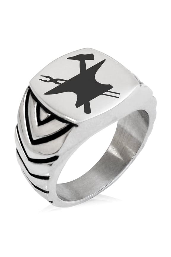 Stainless Steel Hephaestus Greek God of Blacksmith & Fire Chevron Pattern Biker Style Polished Ring