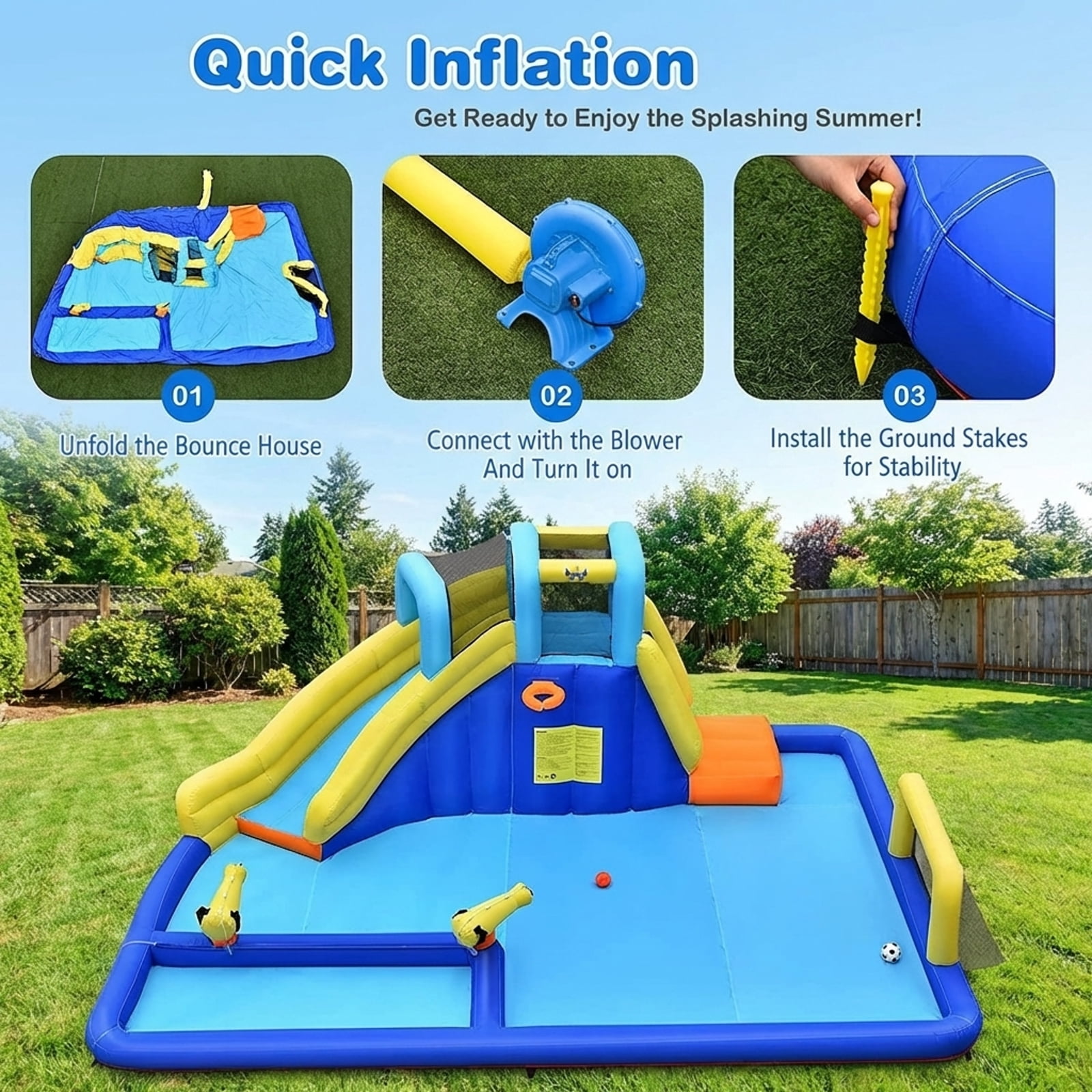 Redsmile 6-in-1 Inflatable Water Slides with Splash Pool Climbing Wall Basketball Hoop for Kids Aged 3-10 Outdoor Summer Play - Blue and Yellow
