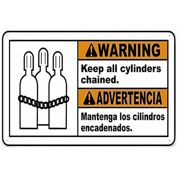 Bilingual Warning Keep All Cylinders Chained Aluminum Tin Sign 12 x 8 Inches - Warning Sign for Home, Outdoor Garden, Lab, Gas Storage