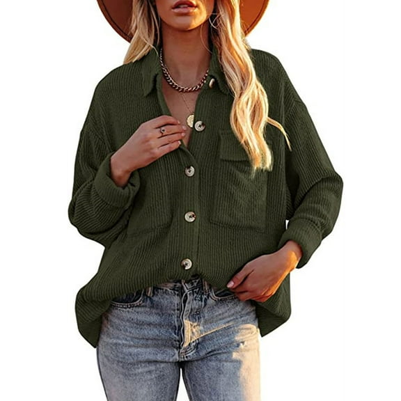 Voncos Jackets for Women Vintage Long Sleeve with Pockets Turnover Collar Solid Color Buttons Loose Jackets Lightweight Tops Army Green Size XL
