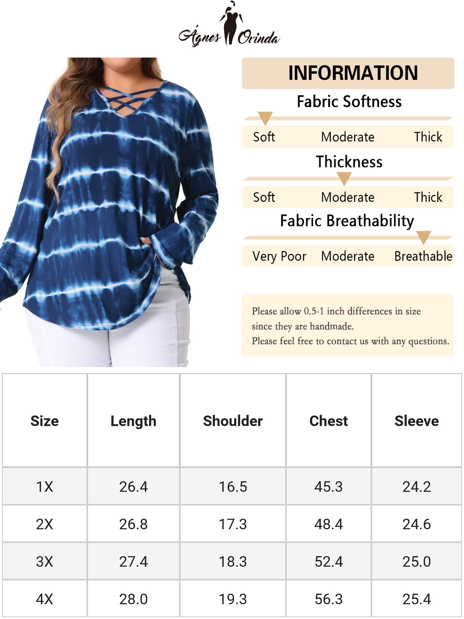 DARING DIVA Women's Plus Criss Cross V Neck Tie Dye Blouse 4X Blue
