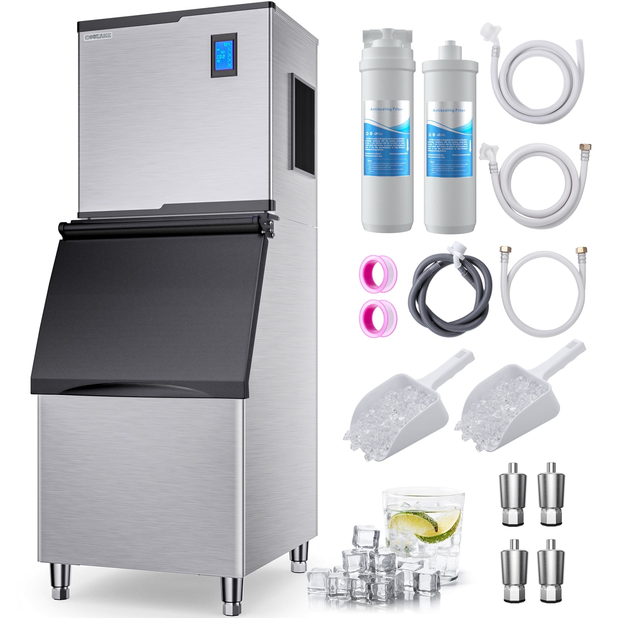 Coolake 22" 450lbs Commercial Cube Ice Maker, 360lbs Storage, Stainless Steel, Antiscaling Filter