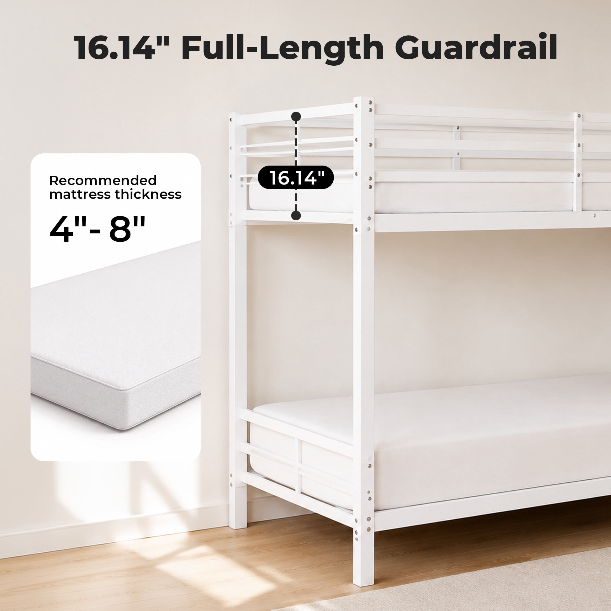 Alvantor Bunk Bed Twin over Twin, Metal Low Bunk Bed for Kids with Ladder and Anti-tip Bracket White