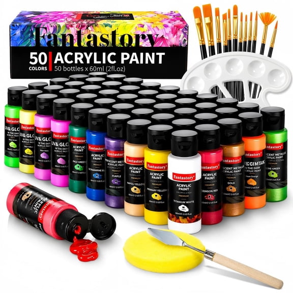 Fantastory 65-Pack Acrylic Paint Set, 50 Colors (2 oz/Bottle), Includes 12 Art Brushes and Palette for Artists