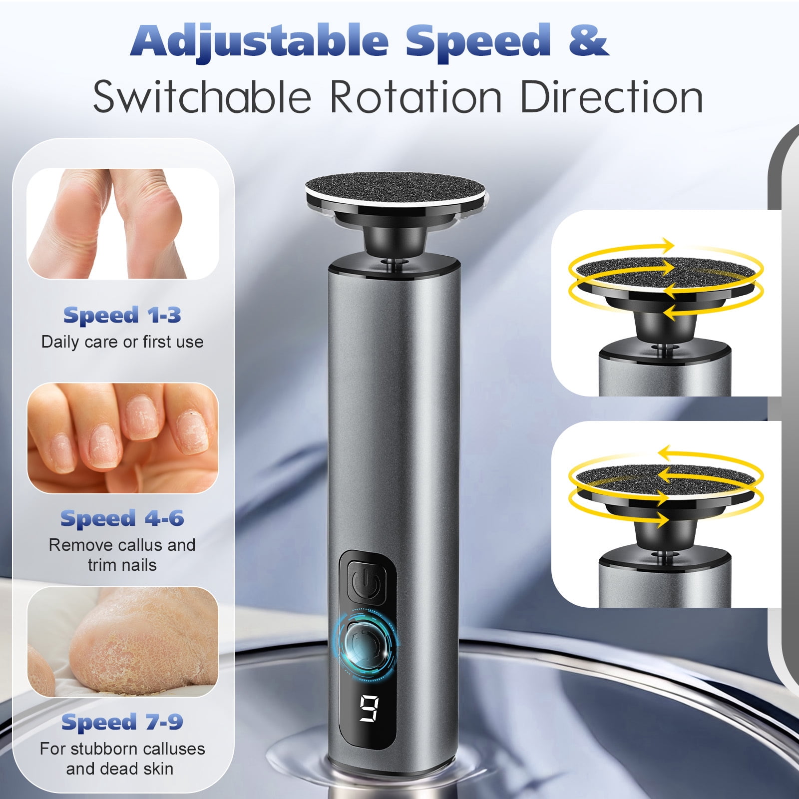 Electric Foot Callus Remover, 2 in 1 Electric Foot File Nail Grinder with Sandpaper Disk, 9 Speed, 2pcs Rotary Grinding Heads, Foot Sander Pedicure Tools for Feet Dead Skin, Black