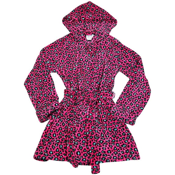 B O P J Adult Womens Female Printed Fleece Robe Pink Leopard Coral Fleece M