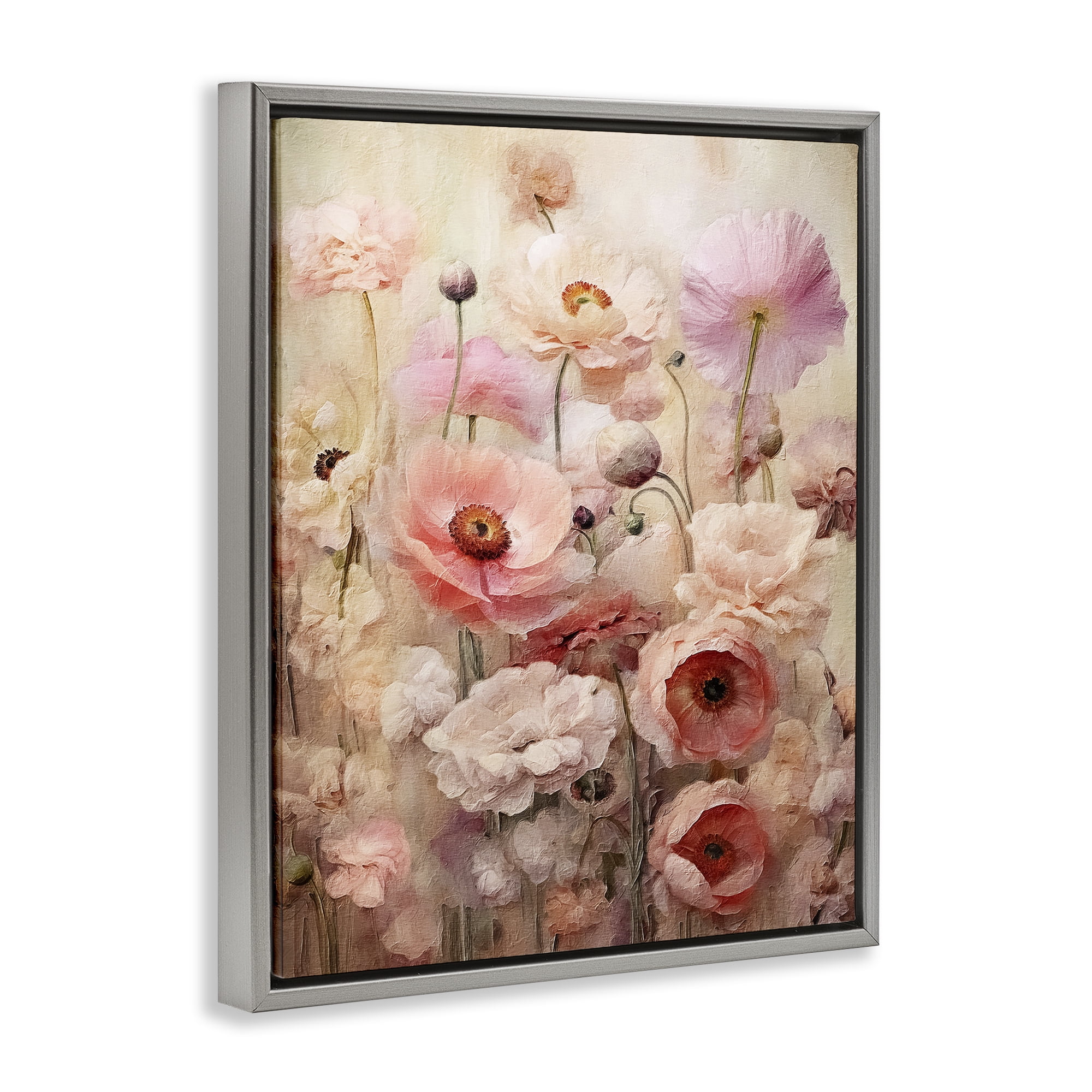 Stupell Industries Pink Flower Garden Botanical & Floral Painting Gray Floater Framed Art Print Wall Art, 17 x 21
