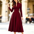 thumbnail image 4 of Karymi Stand‑Collared V‑Neck Long‑Sleeve Solid Midi Dresses for Women, High‑Waist A‑Line Formal Dress, 4 of 6