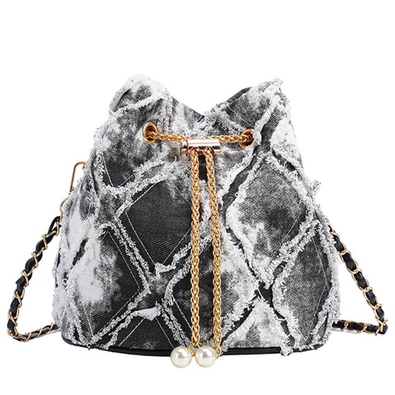 NCY Denim Bucket Bag Quilted Drawstring Jean Purses for Women Denim Clutch Hobo Bags Crossbody Handbag