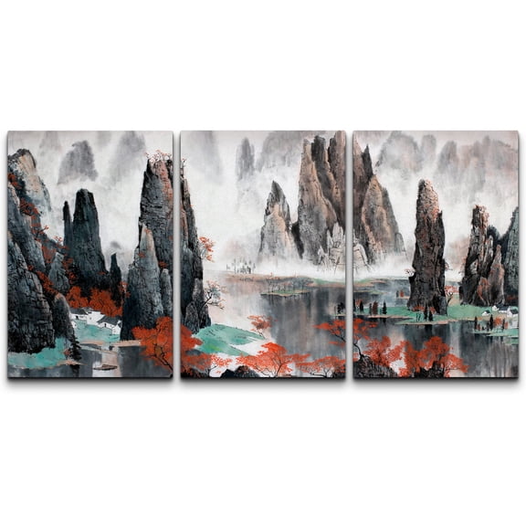 wall26 3 Piece Canvas Wall Art - Chinese Landscape Misty Mountains and Water - Modern Home Art Stretched and Framed Ready to Hang - 16"x24"x3 Panels